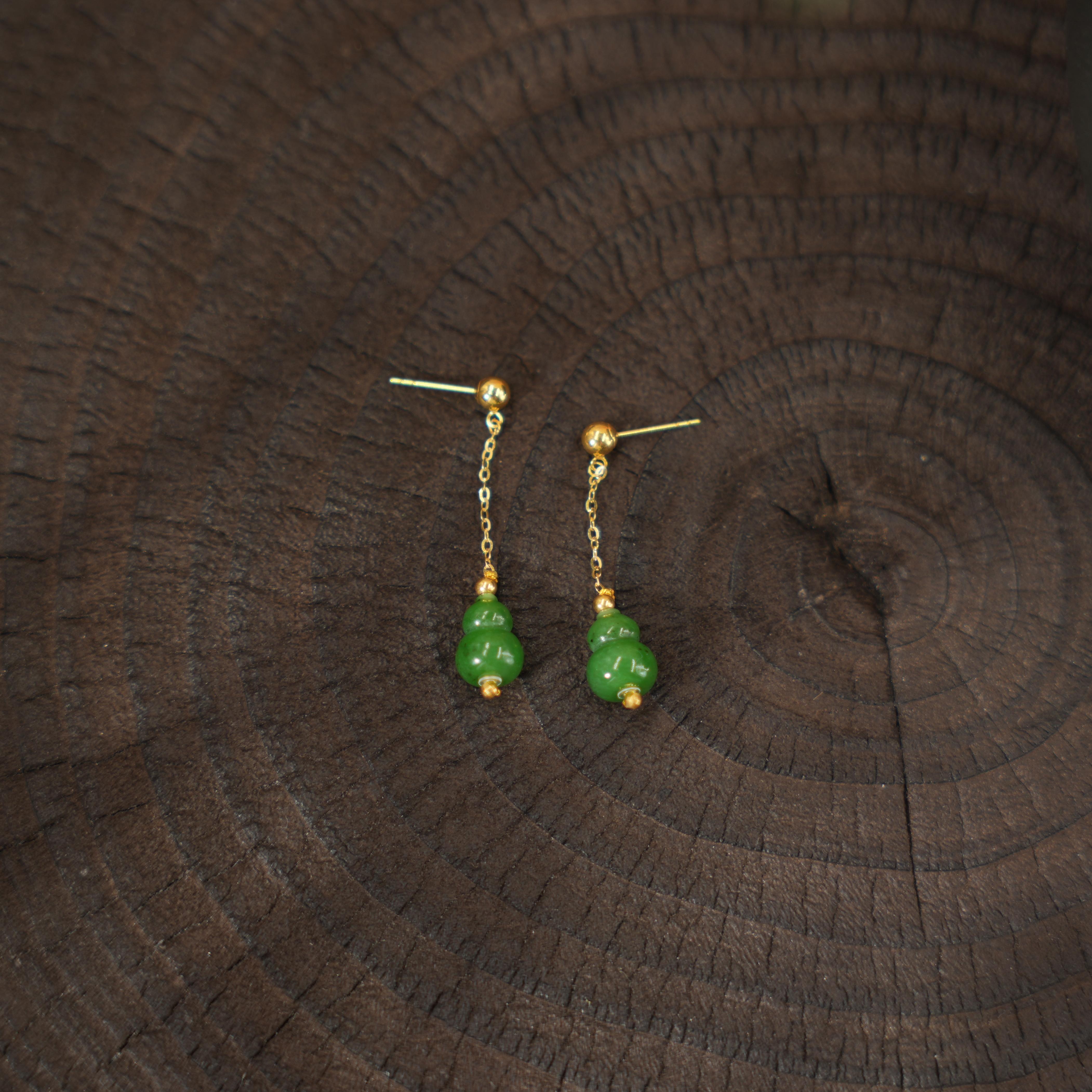 朵瑶-天然和田玉葫芦18K金耳饰