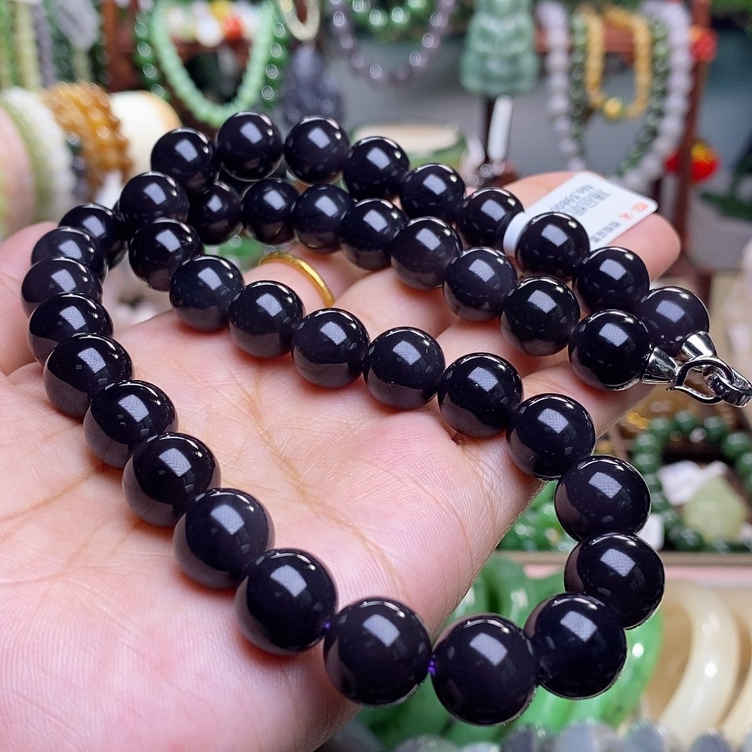 和田玉毕业级老矿料浓烟紫帝王紫妈妈链12m未镶嵌