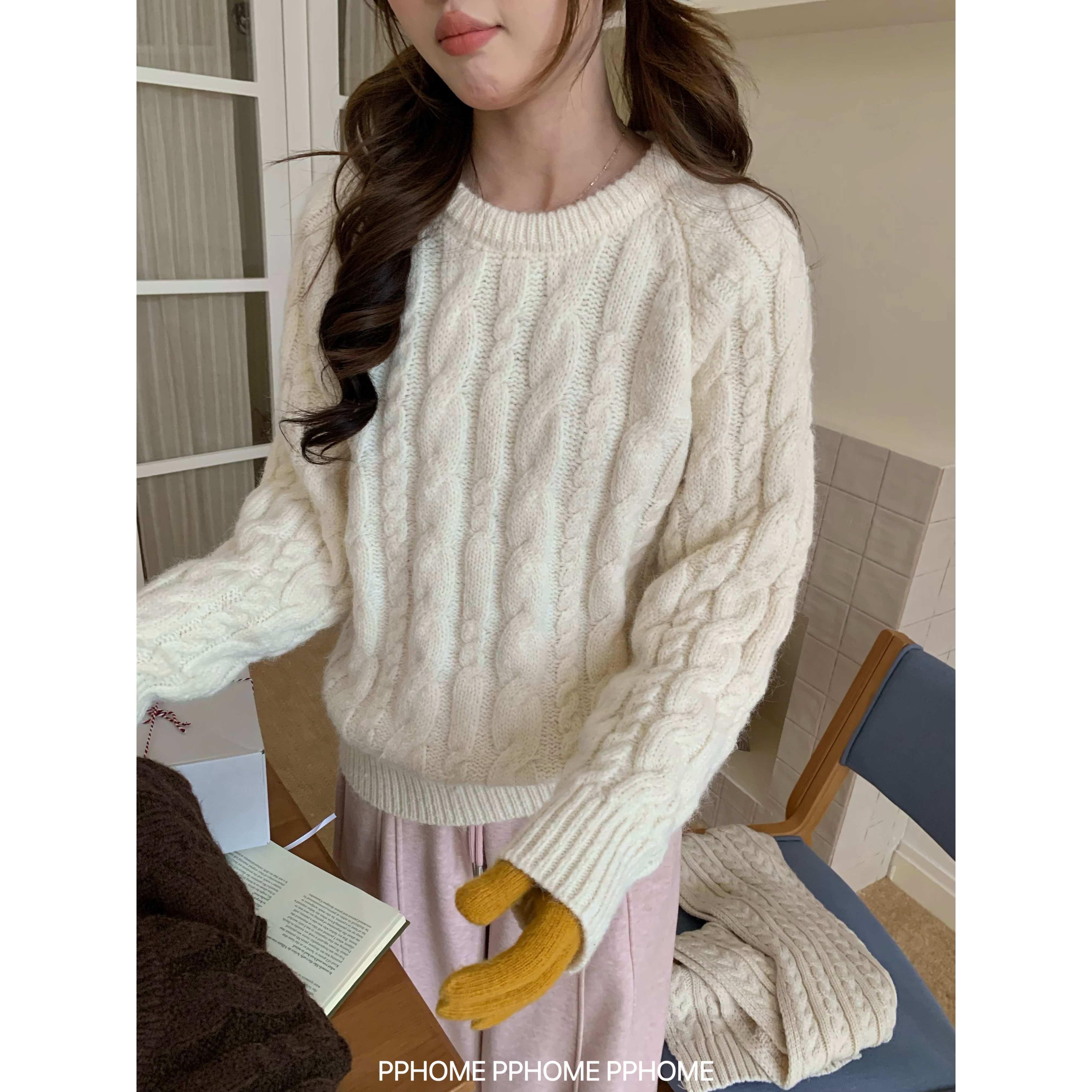 绒绒麻花 重工羊驼绒毛衣秋冬圆领女纯色针织衫上衣