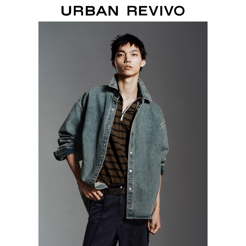 UR2025春季新款男装潮流做旧洗水字母刺绣牛仔衬衫UMV850025