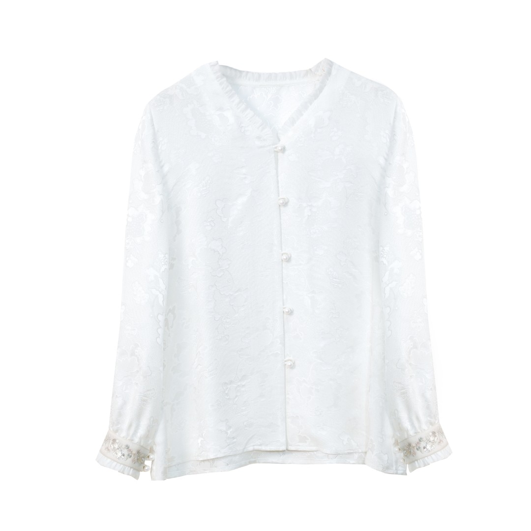 【新中式】【冰氧】100桑蚕丝透孔花萝 国风衬衫中式气质· 23S0025