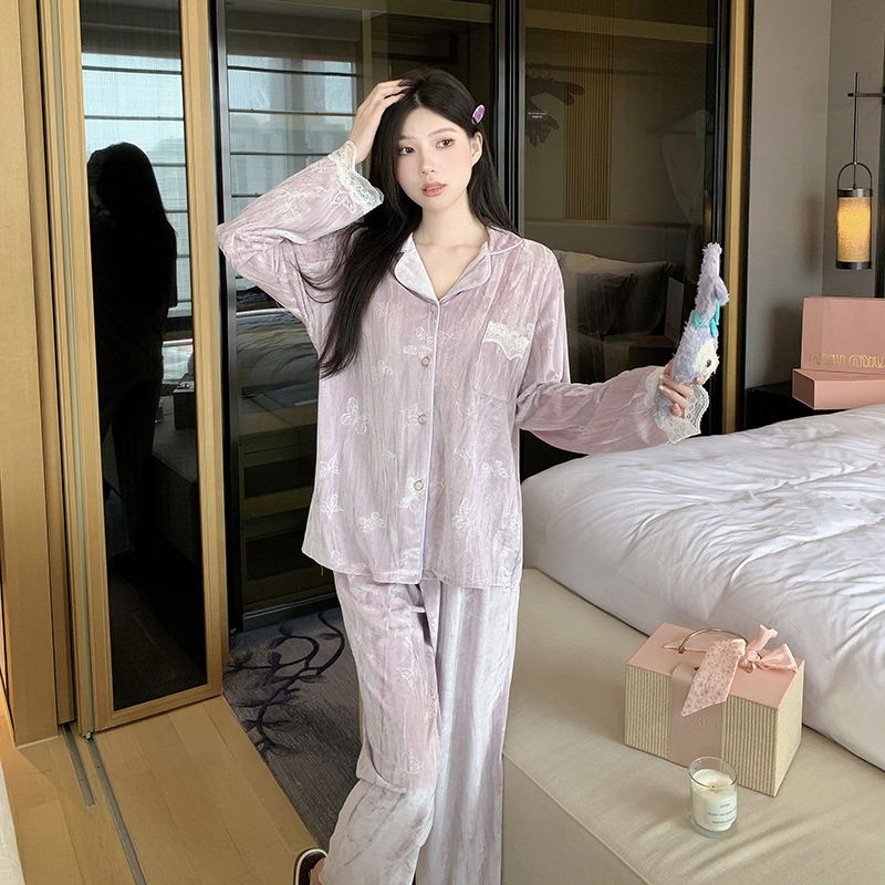 浪漫春天金丝绒压花蝴蝶高级感睡衣保暖舒适可外穿女长袖长裤2638