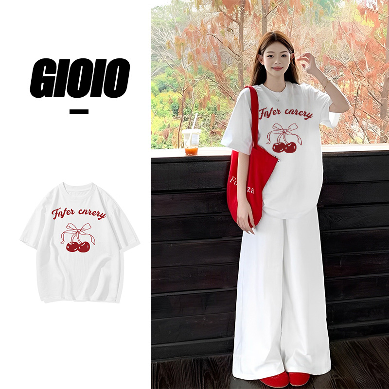 GIOIO夏季新款宽松短袖T恤女卡通樱桃印花学院风穿搭休闲百搭上衣