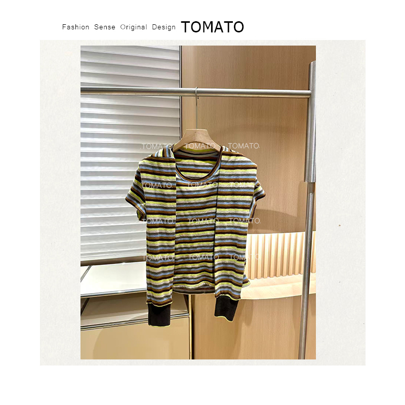 TomaTo-小众设计早秋复古撞色条纹圆领短袖针织T恤上衣C25T55170