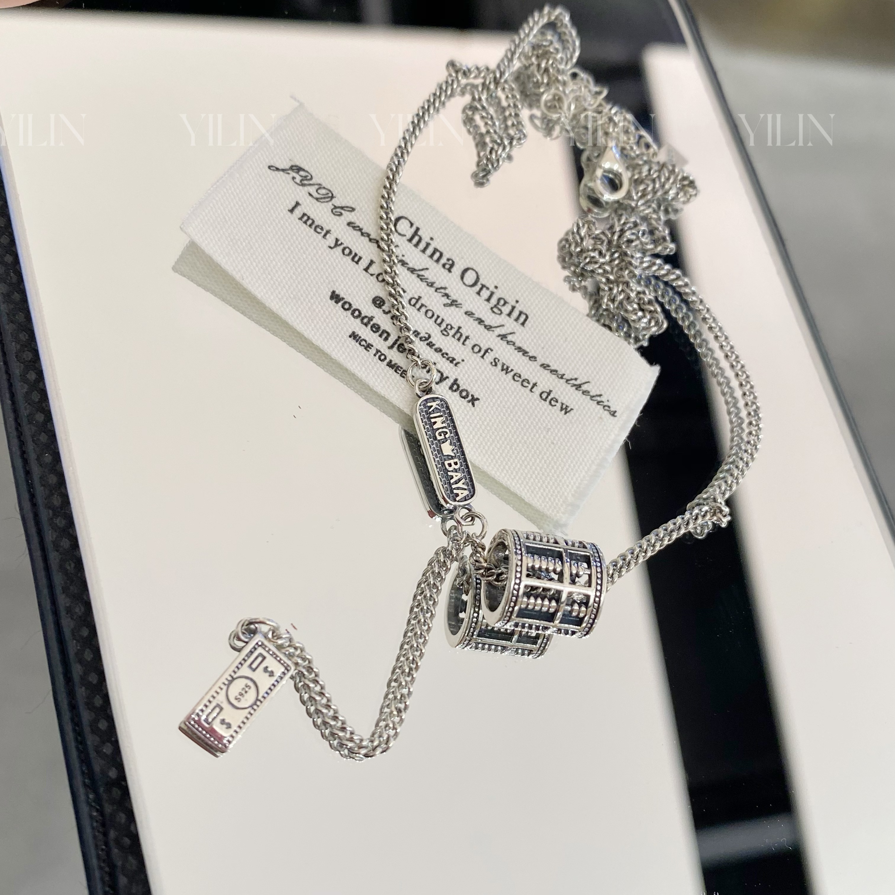 坠链均925银 正品s925财运滚滚算盘转运珠银项链复古手镯对对碰