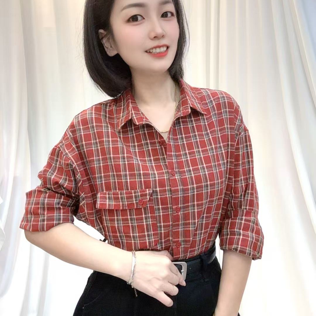 复古风减龄高级宽松百搭格子衬衫