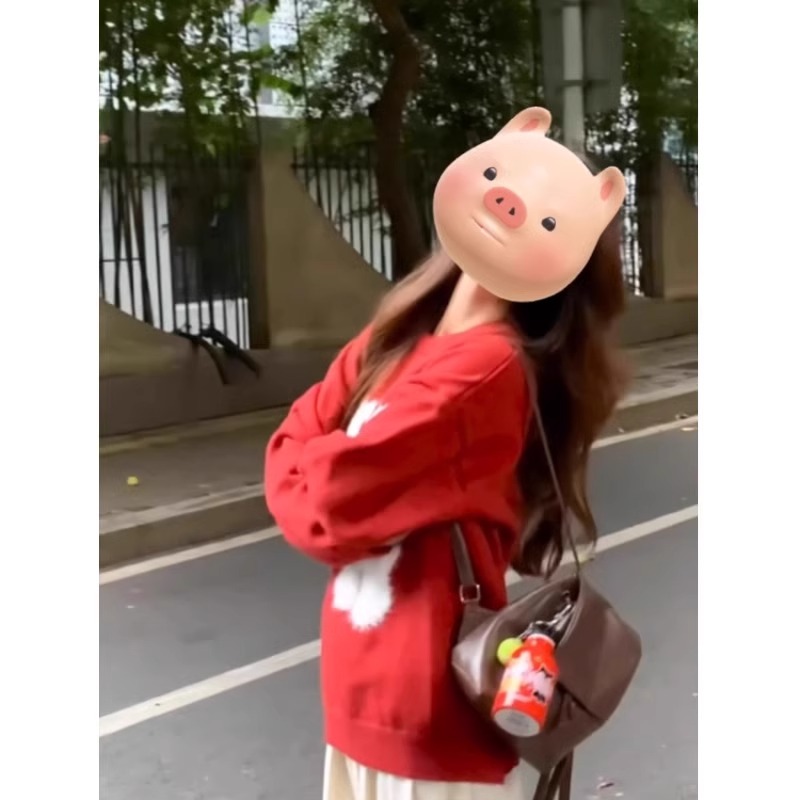本命年新年过年红色毛衣女春秋大码胖mm显瘦宽松超好看针织衫上衣