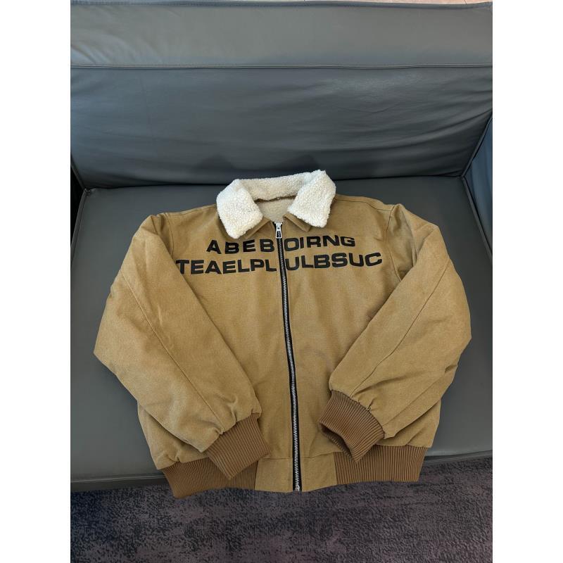 Z267 美式潮牌复古翻领拼接棉衣外套休闲宽松百搭痞帅字母棉服