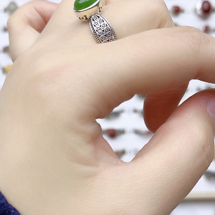 和田玉戒指银S925镶嵌天然