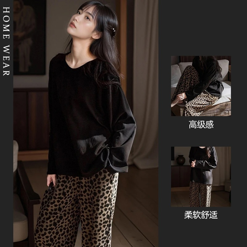 睡衣女带胸垫春秋豹纹裤长袖长裤纯色高档可外穿女士家居服套装秋