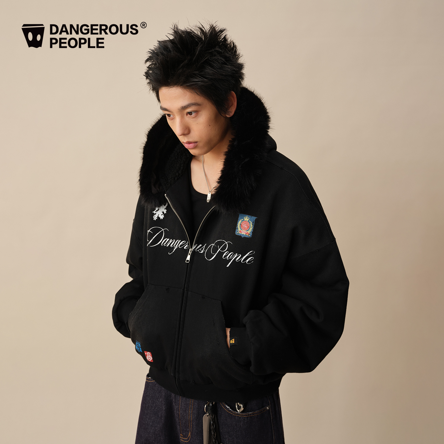 Dangerouspeople薛之谦dsp高街复古做旧毛领厚外套潮牌连帽上衣