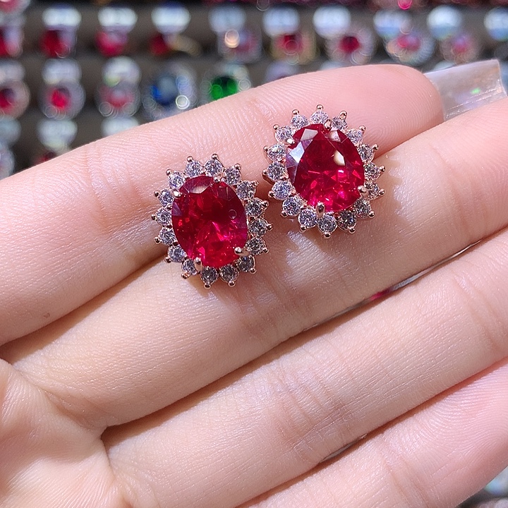 红宝石耳饰银S925镶嵌玫瑰金810