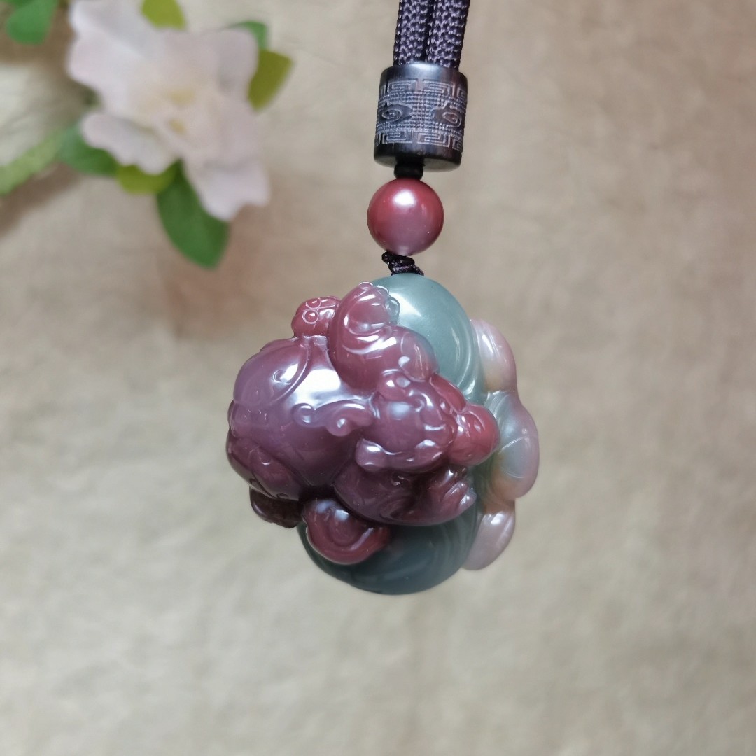 纯天然秦紫玉俏色精品挂件·福寿如意·纯手工精雕男女皆可佩戴