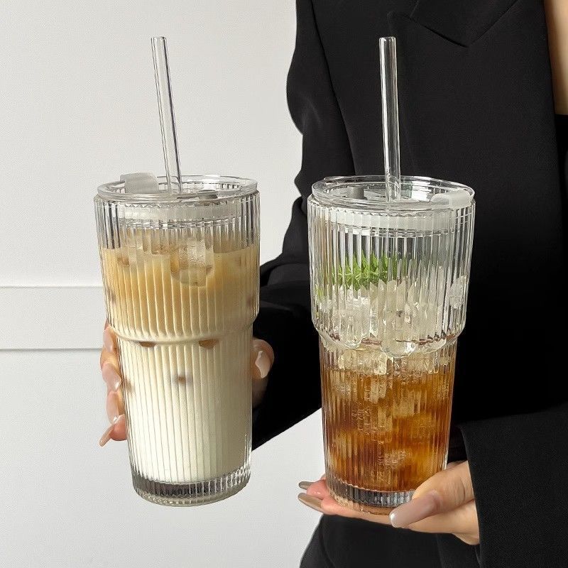 高颜值冷饮奶茶杯ins风大容量带盖吸管水杯竖条纹玻璃杯咖啡杯子