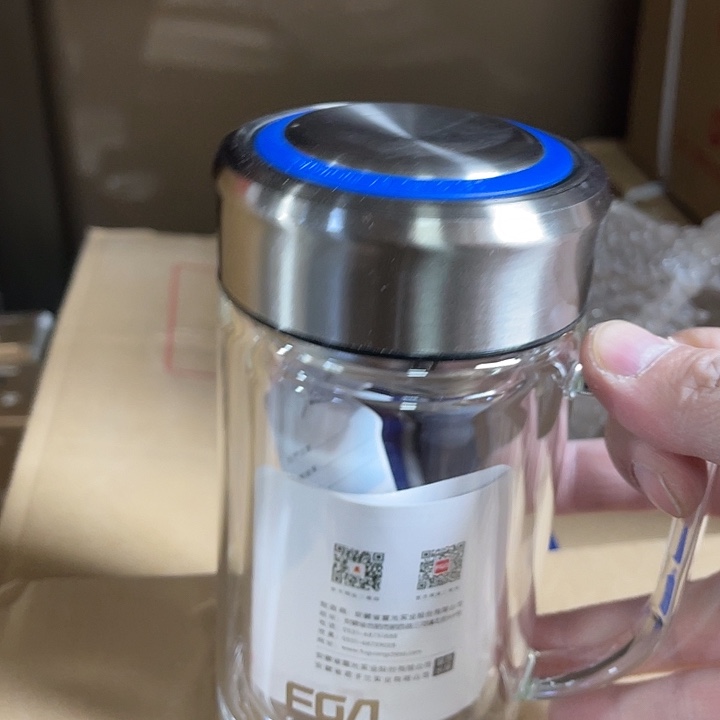 茶隔款玻璃富光把手玻璃杯蓝圈