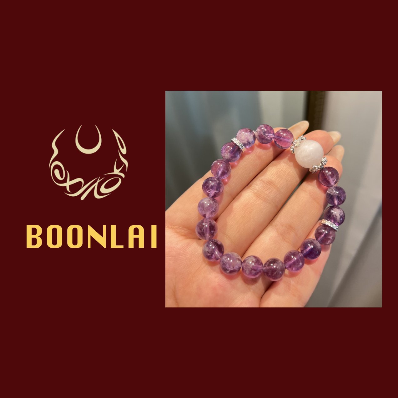 铜合金莫桑石手链 Boonlai 深紫色透白色双拼珠珠手串1338