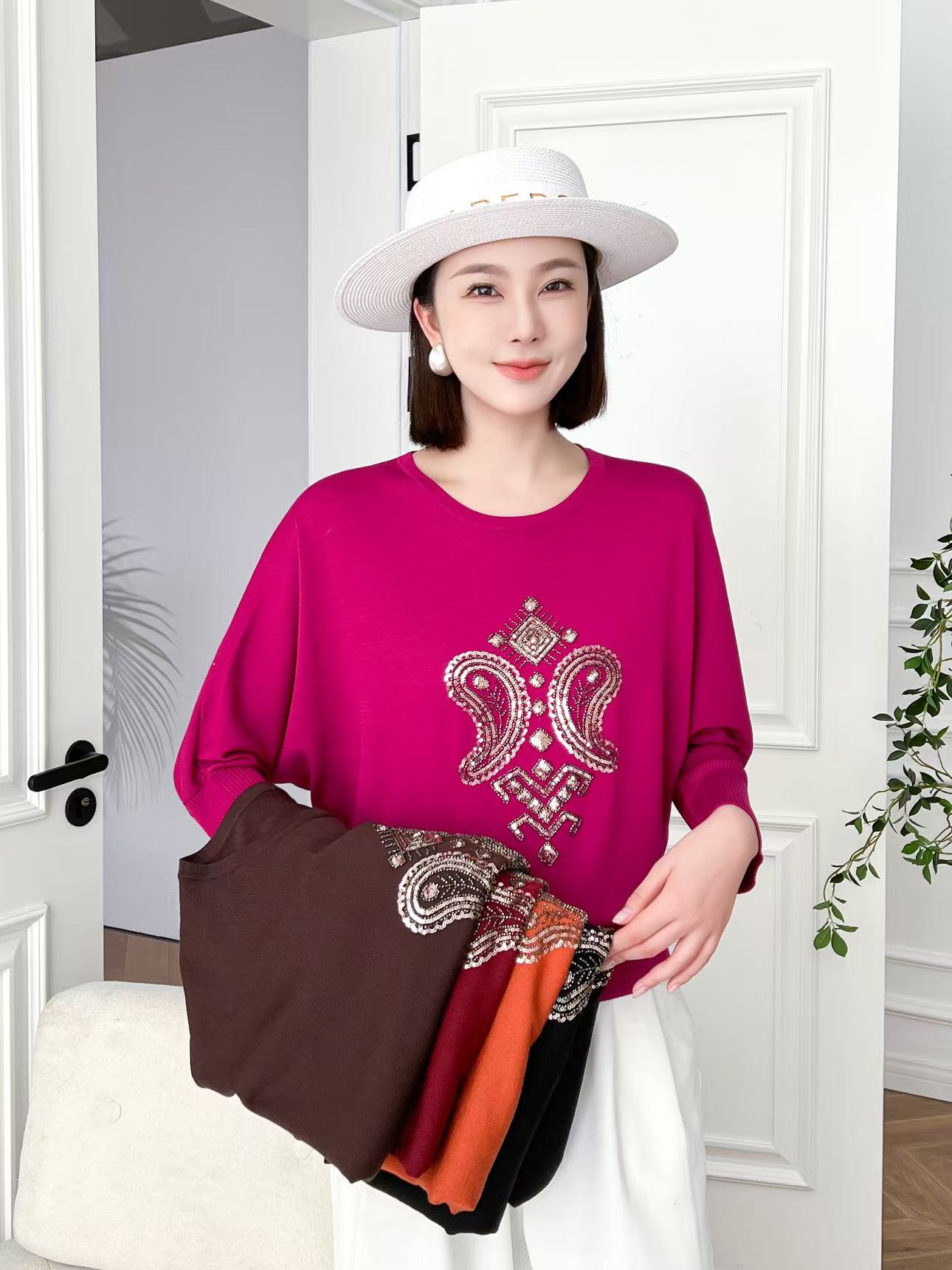 冬季加厚中老年女装妈妈装重工手工缝钻刺绣欧美图案针织毛衣妈妈