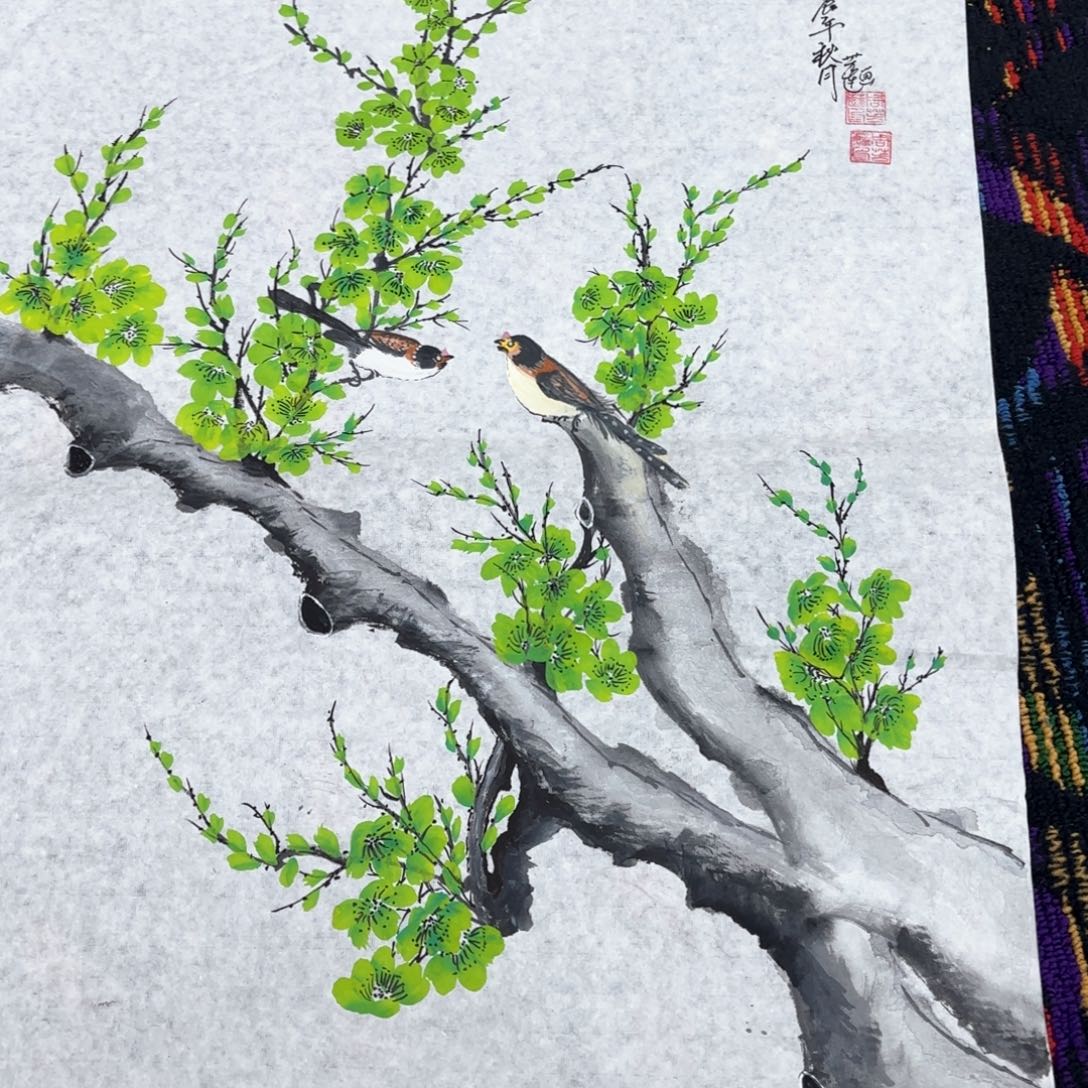 国画周芳莲三尺花鸟朱