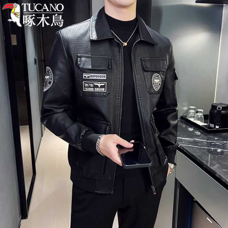 啄木鸟男士夹克休闲机车服休闲百搭复古骑行服翻领宽松潮流夹克