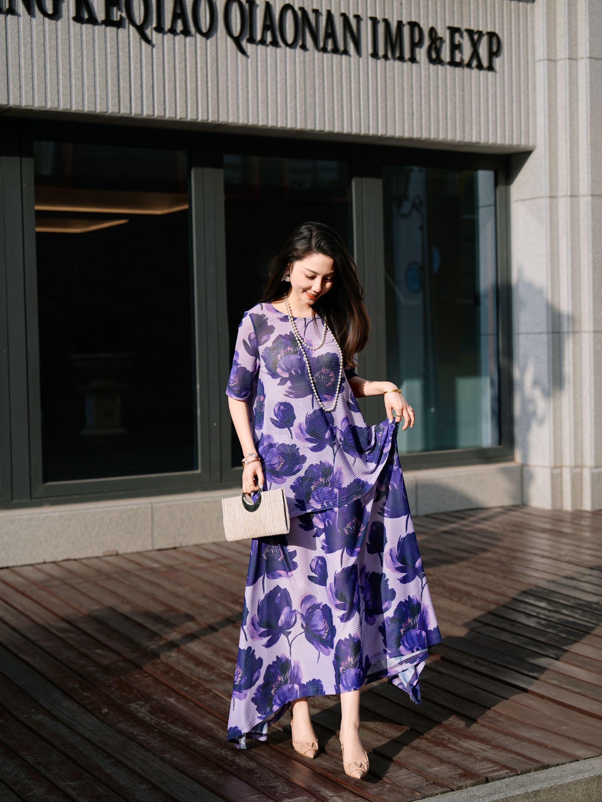 HZHJ原创设计师款紫荷花夏季休闲套装宽松洋气轻奢显瘦1910时尚女