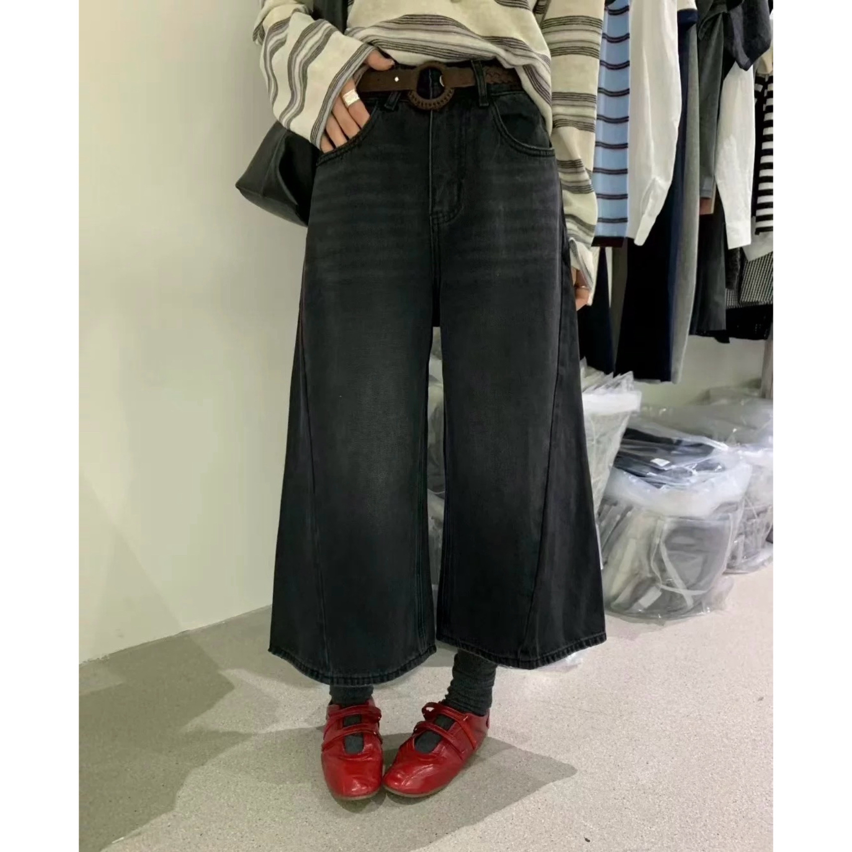 早秋新款高腰复古八分阔腿牛仔裤女舒适百搭韩国ins风