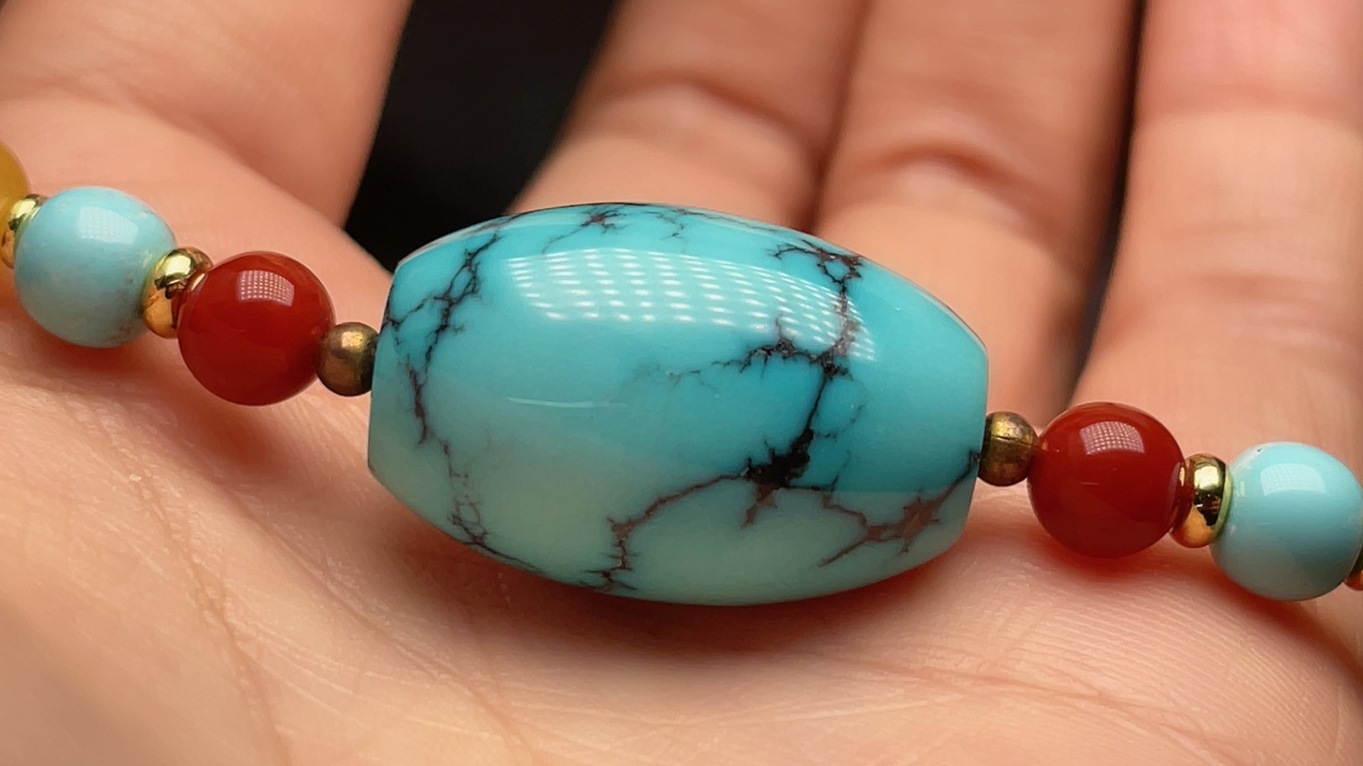 原矿绿松石高瓷绿松石 水草纹 桶珠 尺寸16x24mm 克重14.73g