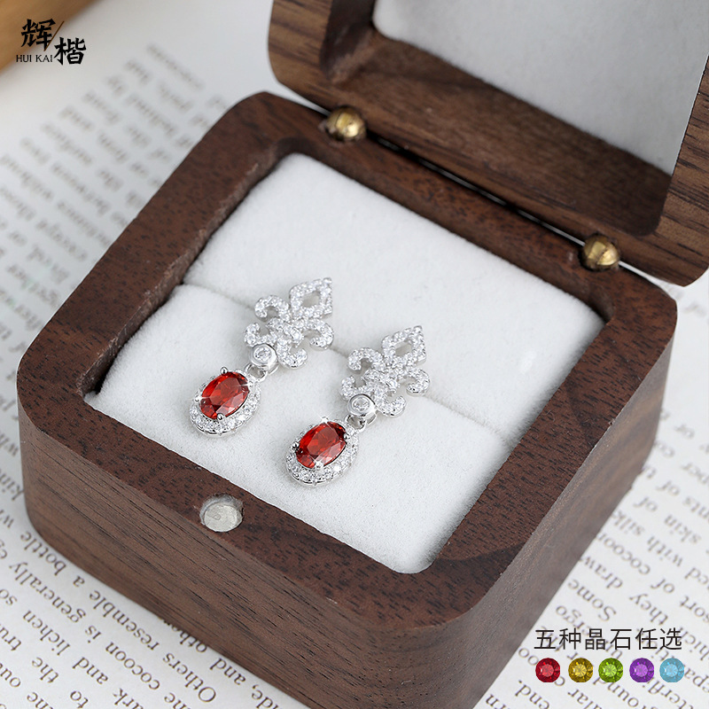 跨境水晶石耳饰S925纯银耳钉女小众高级感石榴石托帕石饰品女
