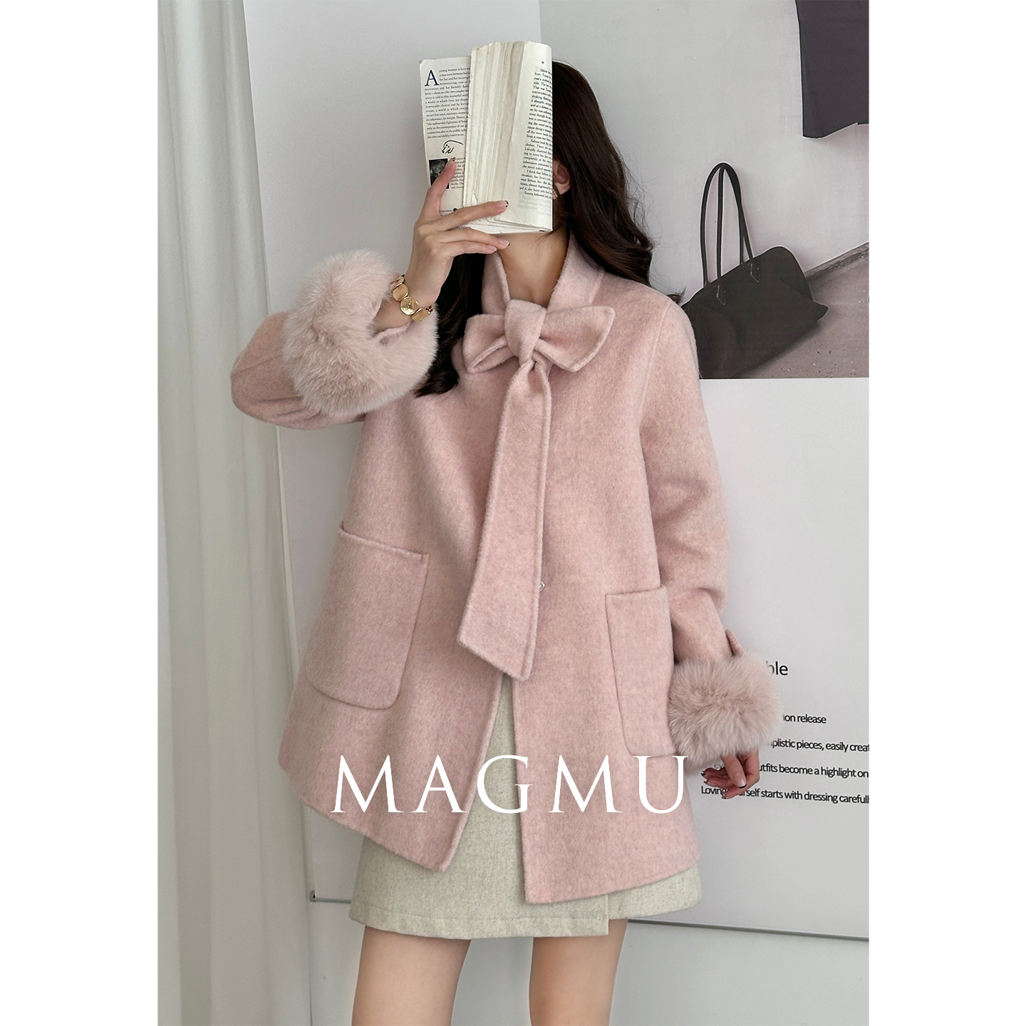 【玺媛】2025狐狸毛女装冬季款羊毛大衣法式系带大衣女士毛呢外套