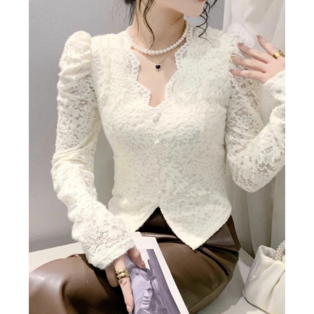 2418蕾丝洋气打底衫女秋冬半高领加绒打底