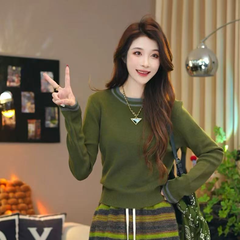 笑歌-圆领撞色条纹设计针织长袖上衣-秋季洋气百搭针织衫