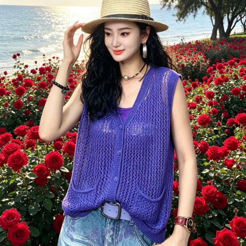 【洛洛】夏季时尚宽松显瘦百搭无袖V领针织马甲外搭-5689