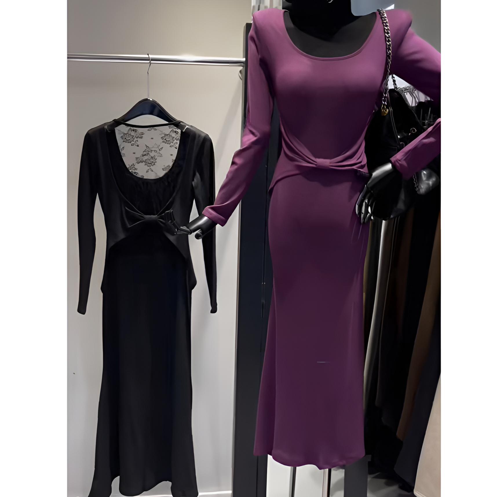 加绒-原版设计后背蕾丝钩花扭结收腰显瘦连衣裙5015