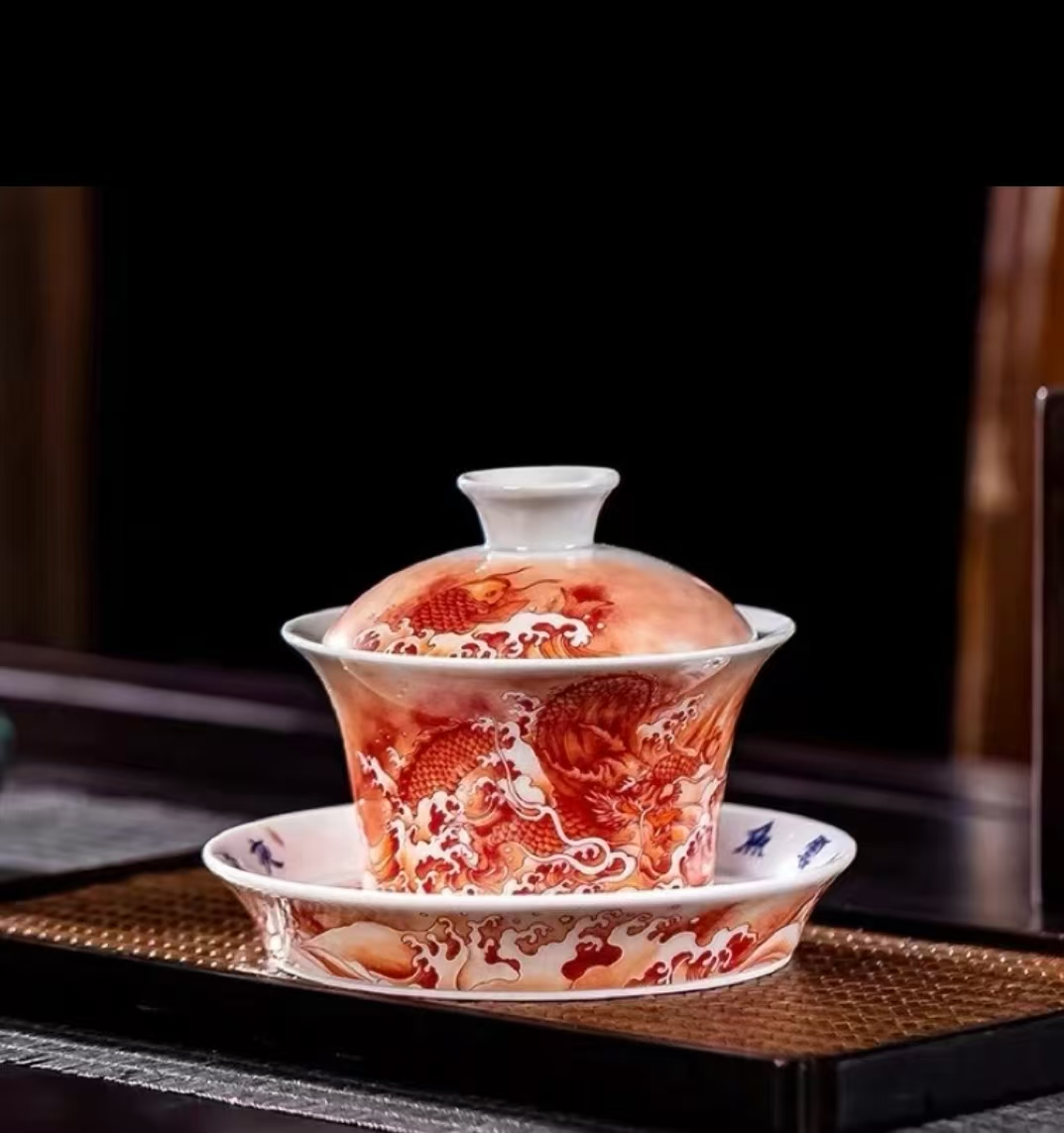 景德镇矾红鱼化龙三才盖碗160-180cc