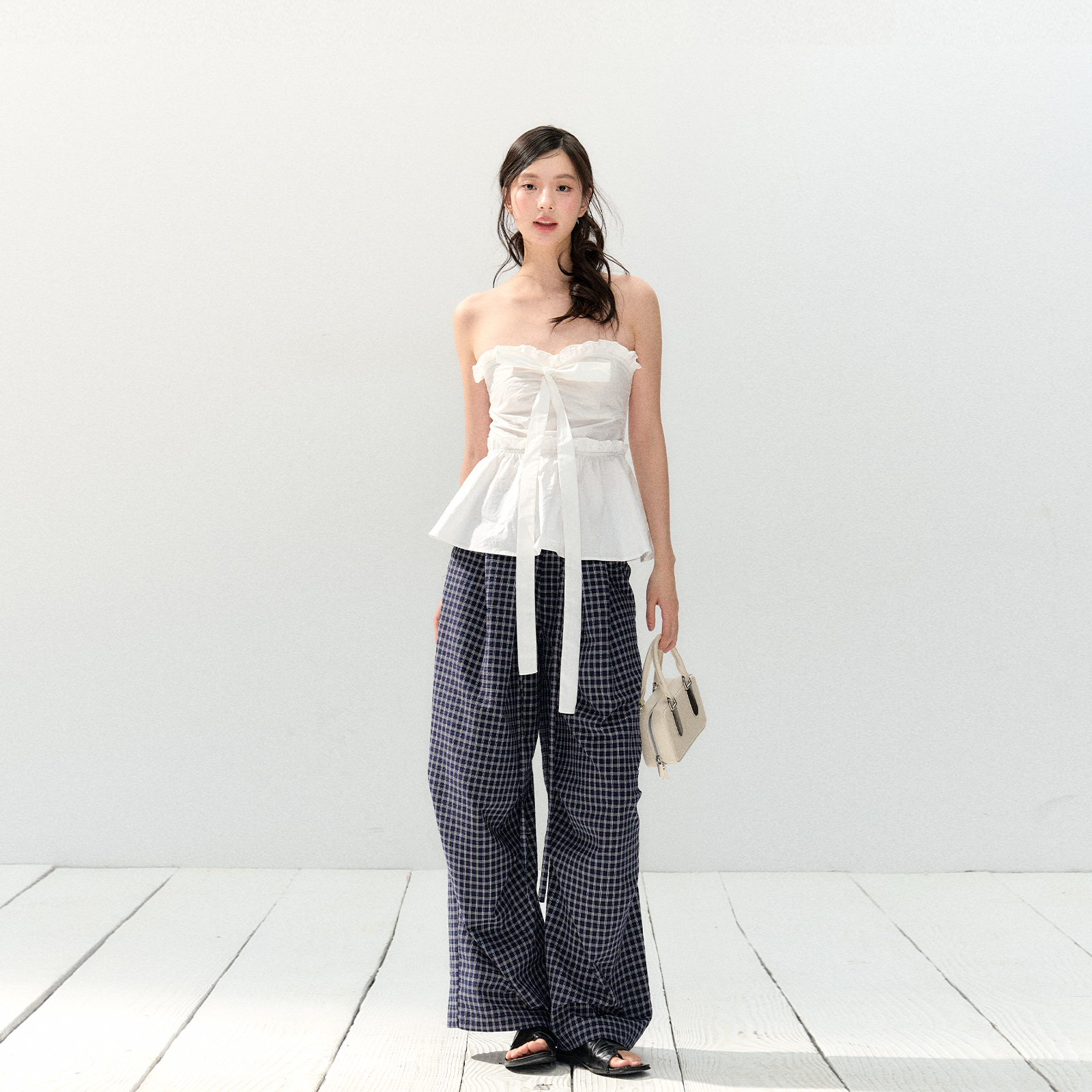 7Shiftin原创设计春夏新款慵懒休闲蓝色直筒格纹裤宽松垂感阔腿裤