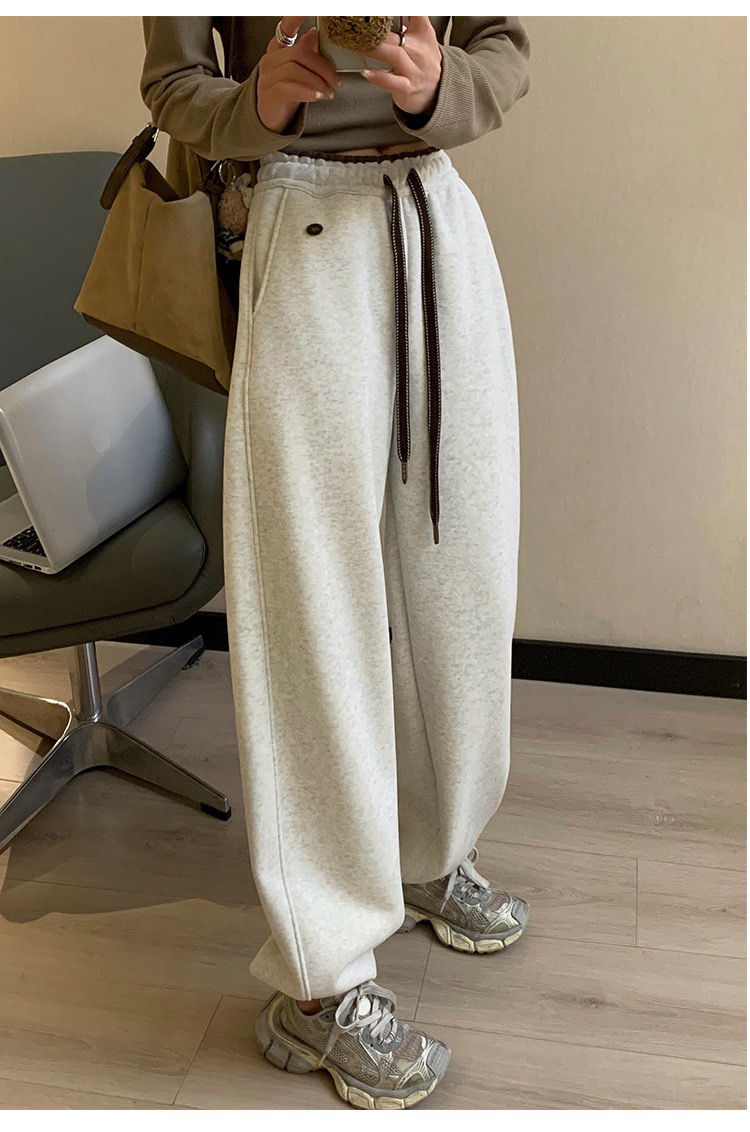 韩版休闲字母撞色腰百搭加绒运动束脚裤女冬季新款宽松高腰卫裤