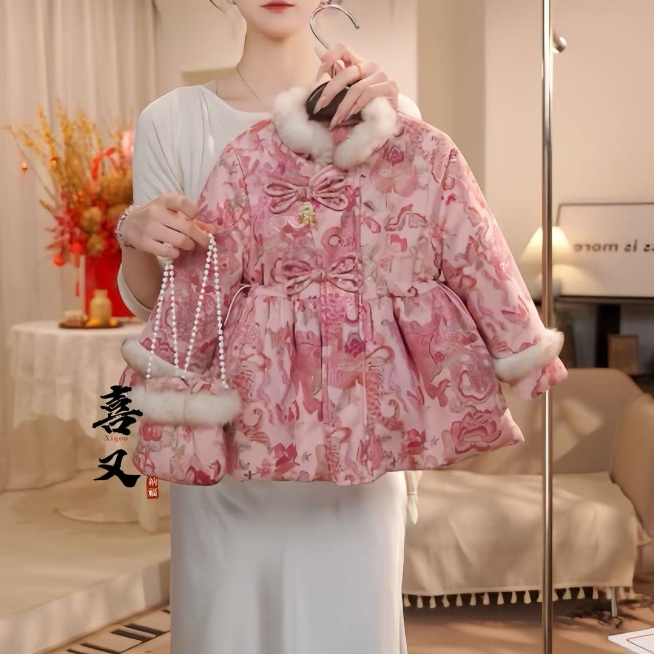 祥瑞花幔 25冬季新款女童新中式提花加绒棉衣国风裙年服外套25986