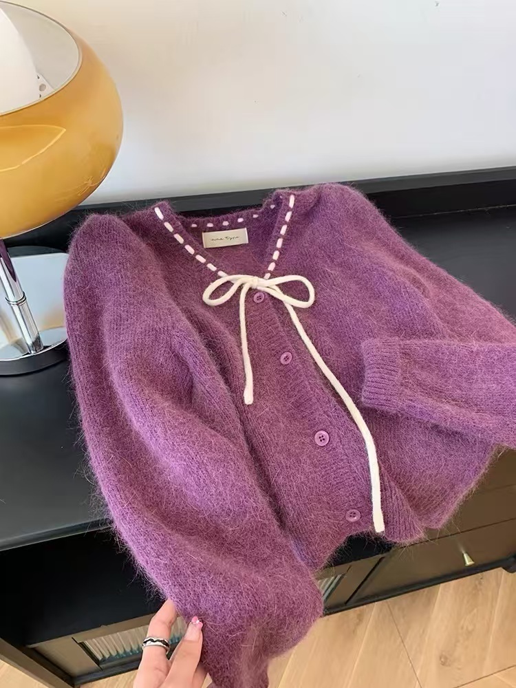 2012大码女装法式小香风紫色针织开衫女V领水貂毛蝴蝶细带毛衣