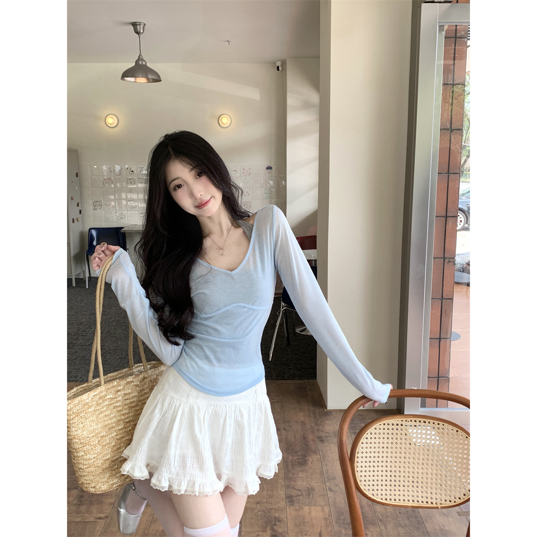 2025春夏新款微胖大码显瘦撞色真两件甜辣长袖打底小上衣女