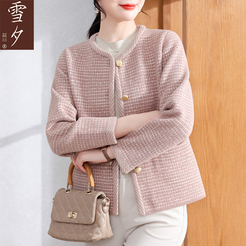 妈妈秋装2025新款仿貂绒小香风毛呢外套中老年女装短款格子上衣服