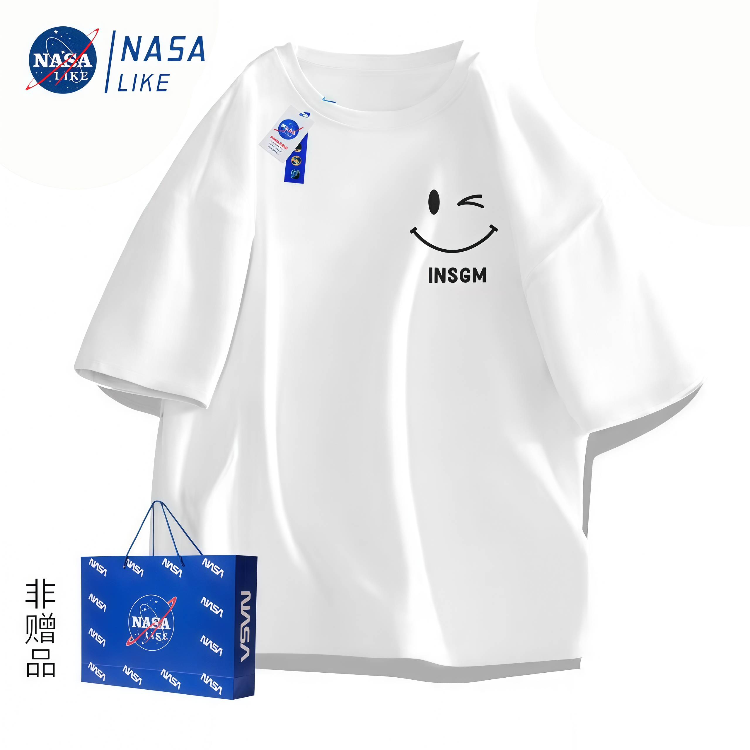 NASA 夏季纯棉笑脸短袖t恤男款潮牌2025新款宽松白色印花半袖衣服