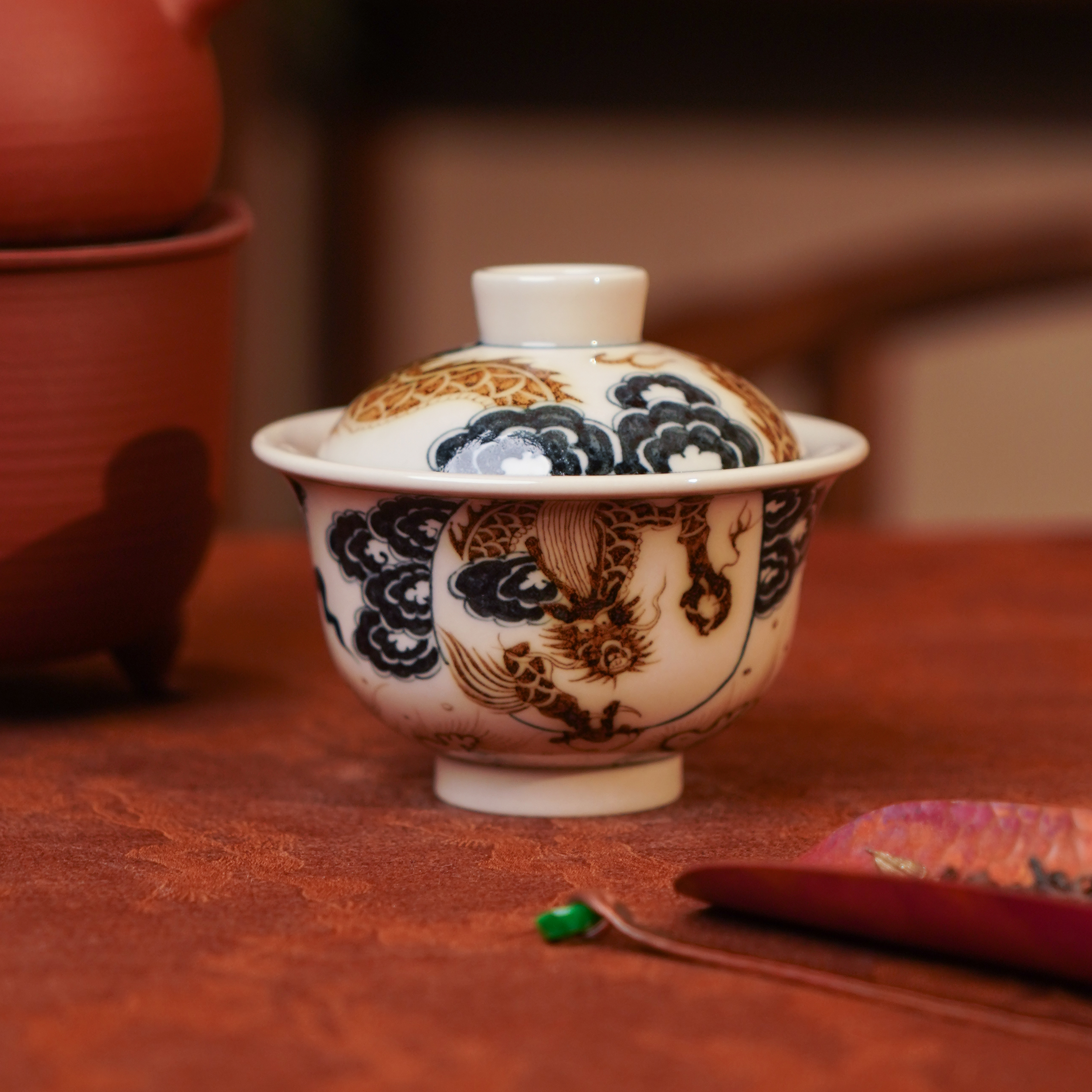 渐升堂  青+金龙马精神盖碗  茶具中式茶道陶瓷饮茶 JST5268