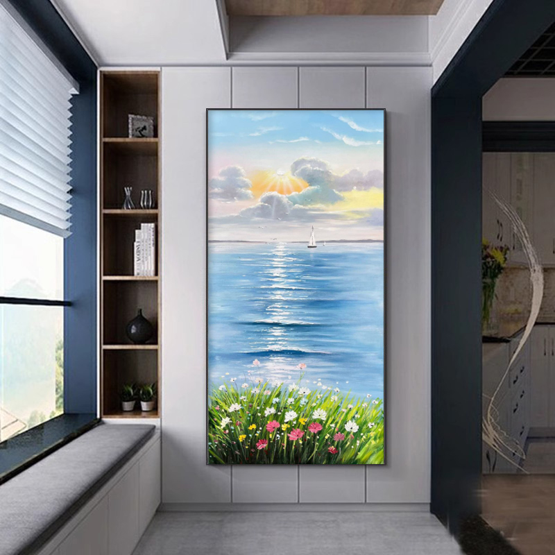 手绘油画玄关装饰画一帆风顺现代简约客厅走廊过道挂画