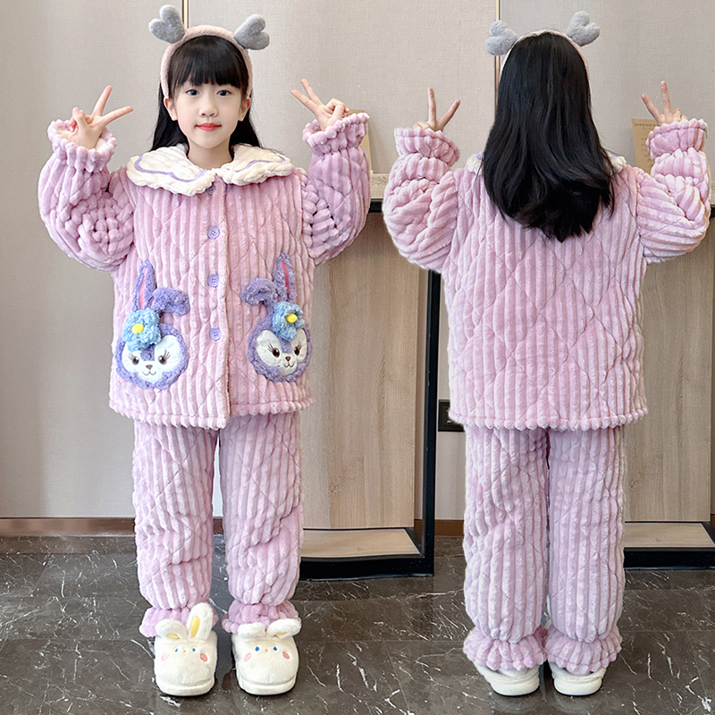 新款儿童睡衣冬季珊瑚绒女童三层夹棉加绒加厚女孩洋气家居服套装