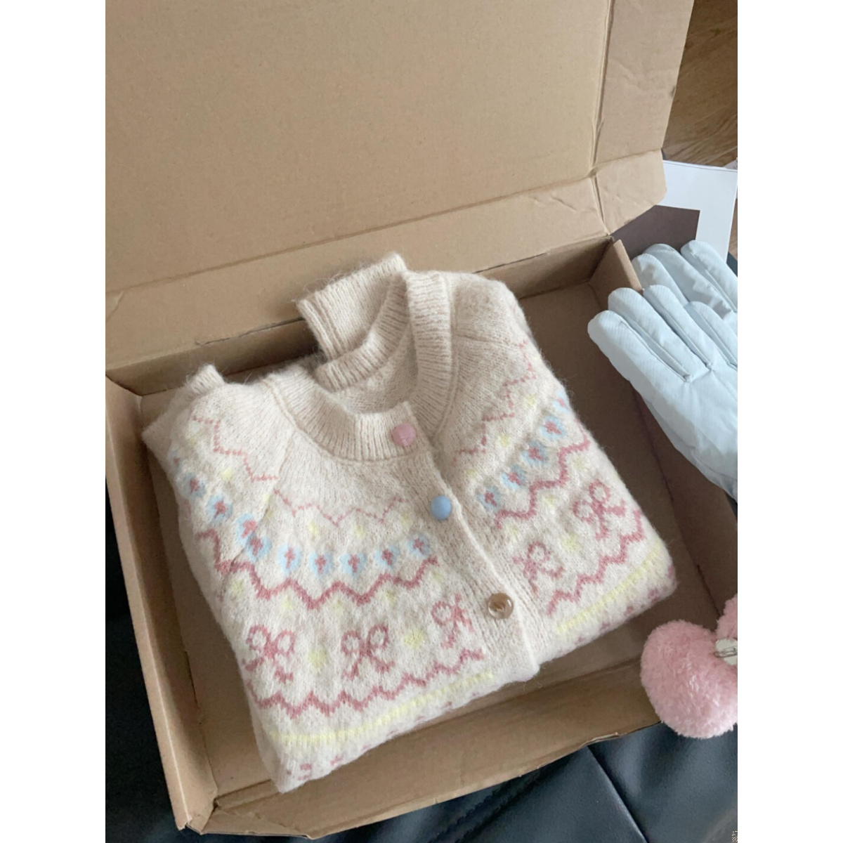 韩版撞色提花针织开衫女宽松短款慵懒风外搭上衣秋冬新款毛衣外套