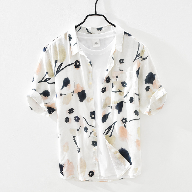 2003清新印花短袖亚麻衬衫青年男士宽松透气方领麻料衬衣