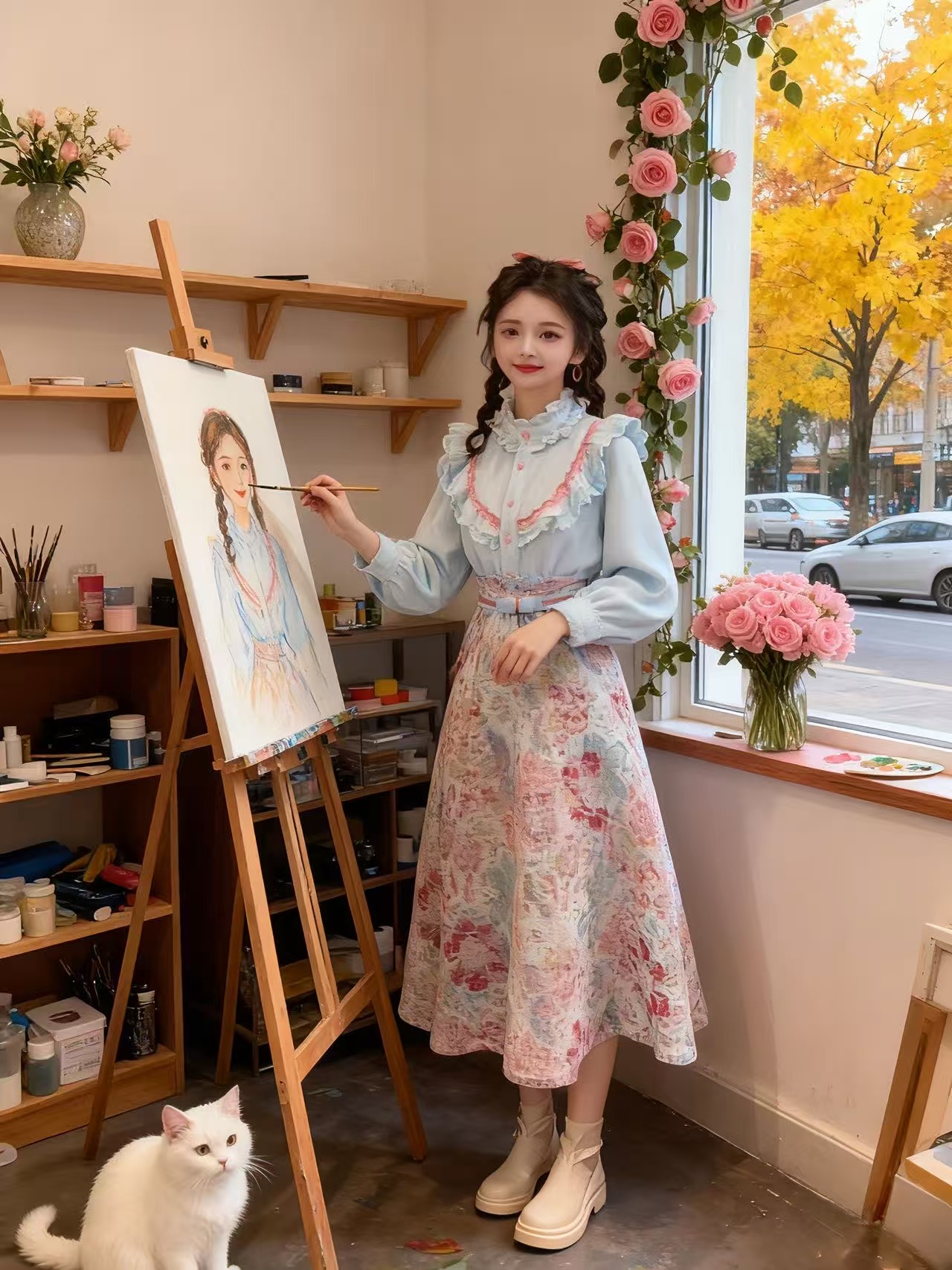 1-【运补6】】677#秋冬新款温柔气质加厚蓝色衬衫女高腰半身裙两件套
