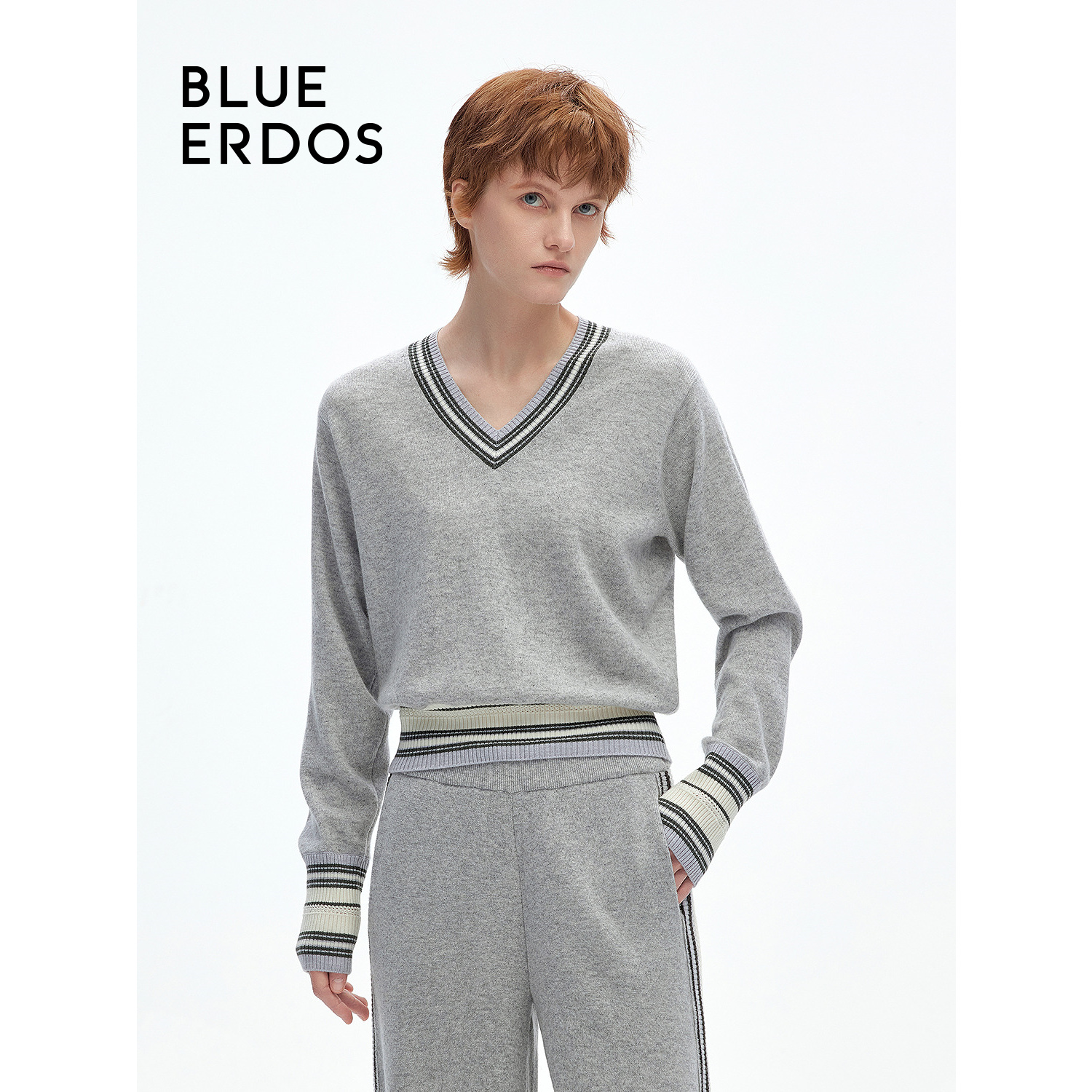 BLUE ERDOS春夏新品条纹收腰短款羊毛羊绒V领针织套衫B246A0064
