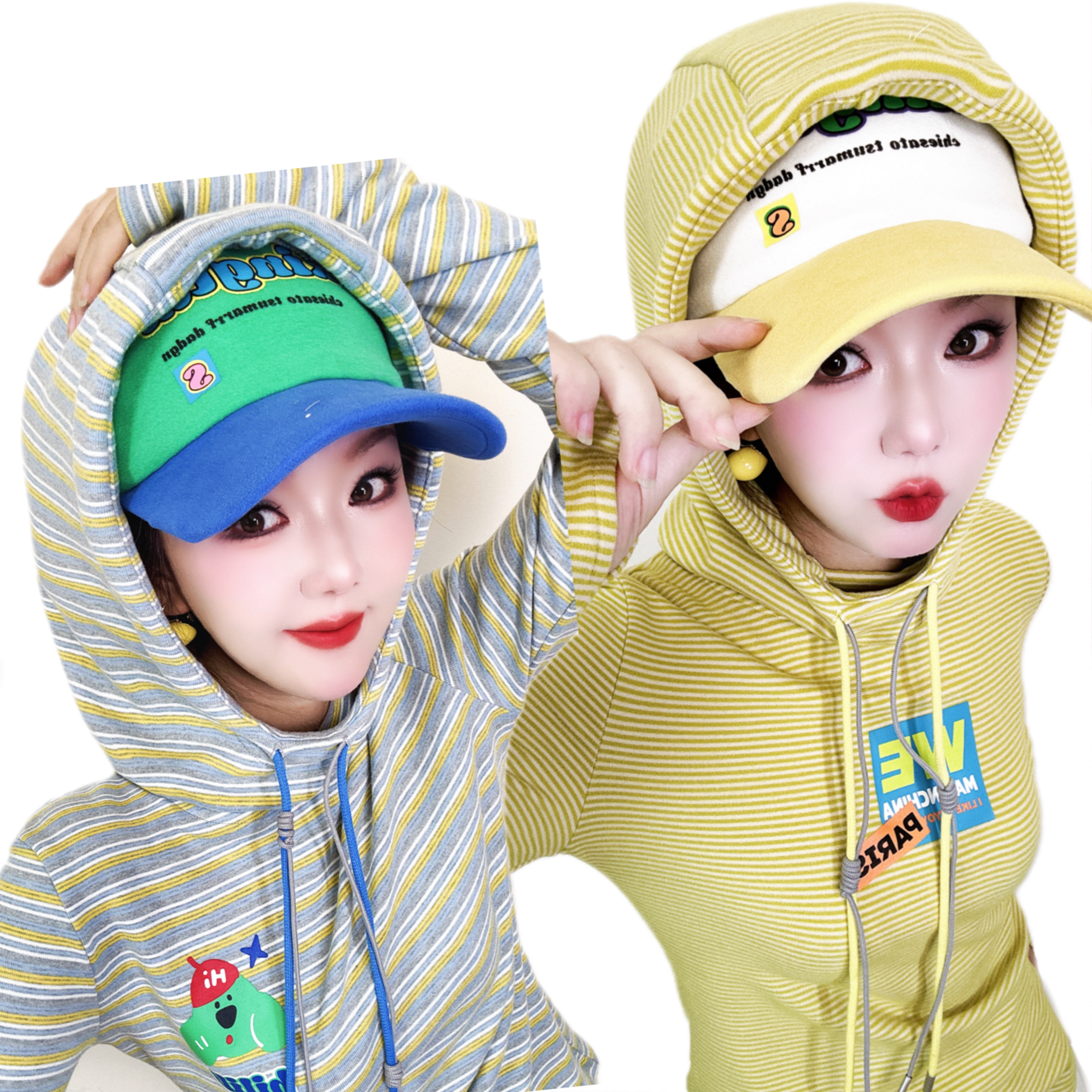 A448时尚休闲洋气百搭打底衫长袖连帽T恤女加厚灰色条纹帽T