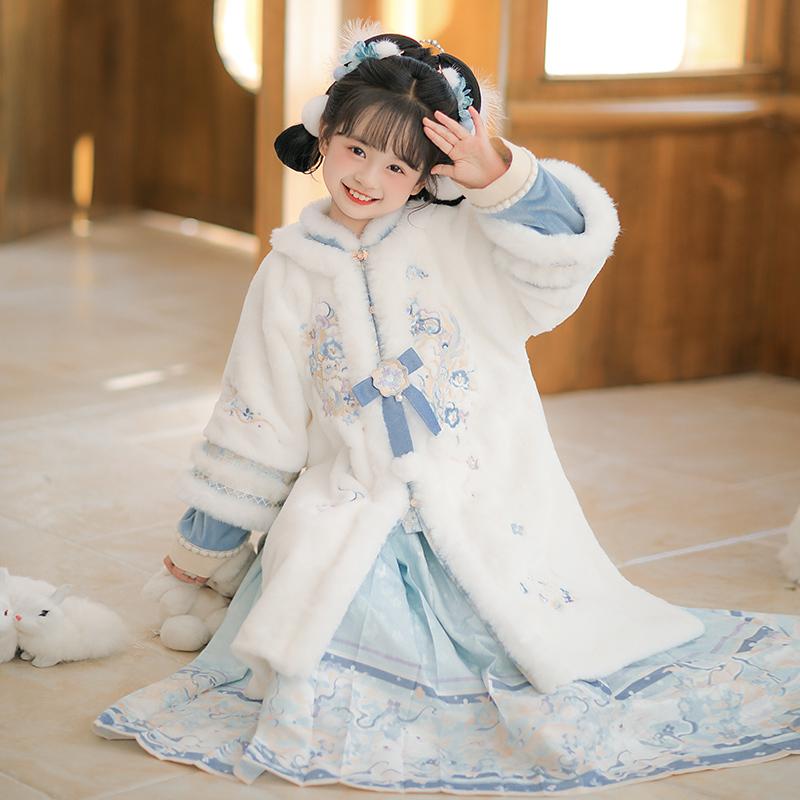 【娇娇玉兔】汉服女童冬装宝宝中国风长款套装女孩蓝色长裙拜年服
