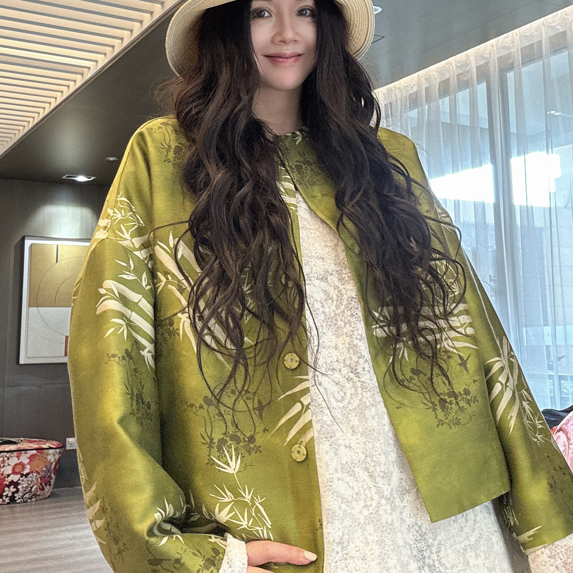 【周周家】早春新款国风绿色竹叶提花春秋丝毛气质短外套
